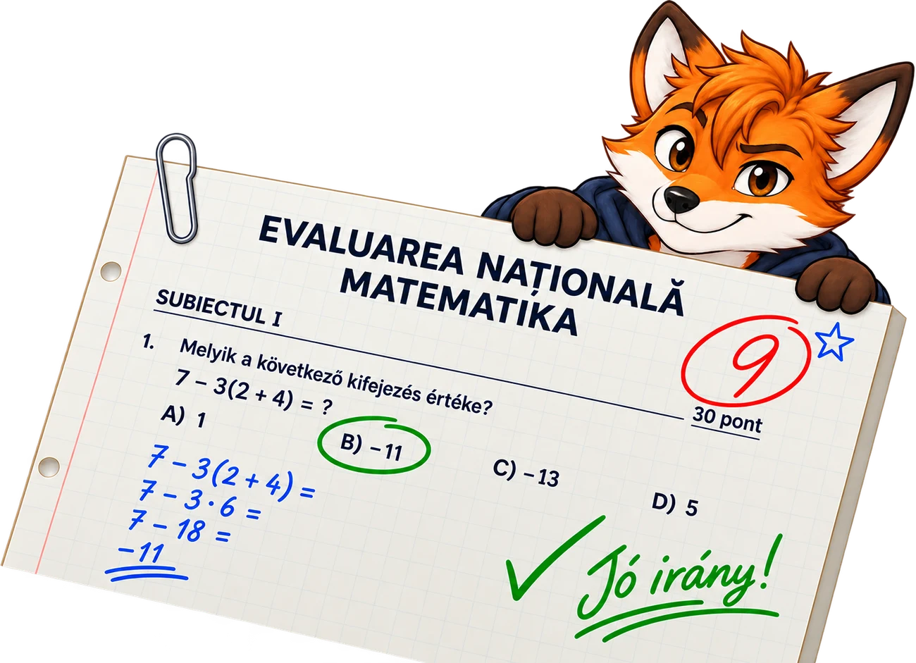 Gemkapoccsal összetűzött Evaluarea Națională matematika feladatlap piros 9-es osztályzattal és zöld „Jó irány!” megjegyzéssel, a lap felső szélébe kapaszkodva mögüle kikukucskáló rókával